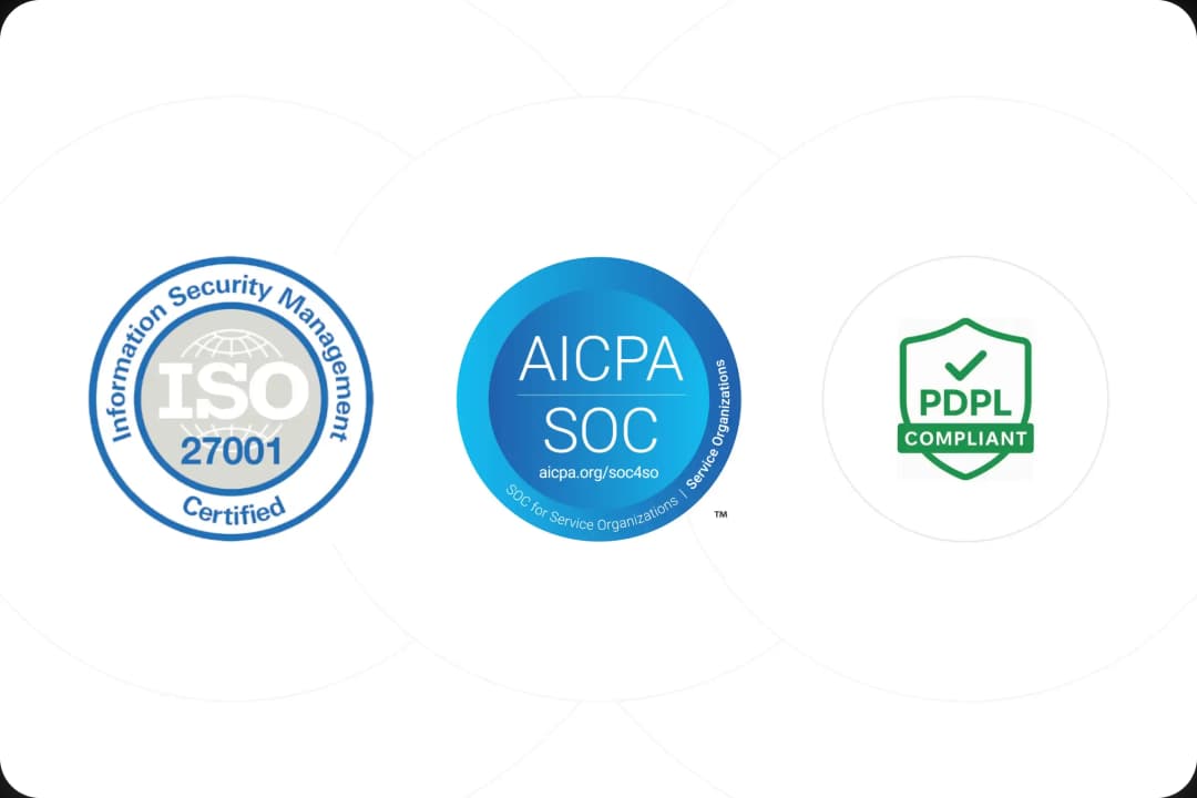 بنية تحتية متوافقة مع معايير ISO 27001 وSOC 2، مع اتفاقيات مستوى الخدمة (SLA) مضمونة التشغيل.